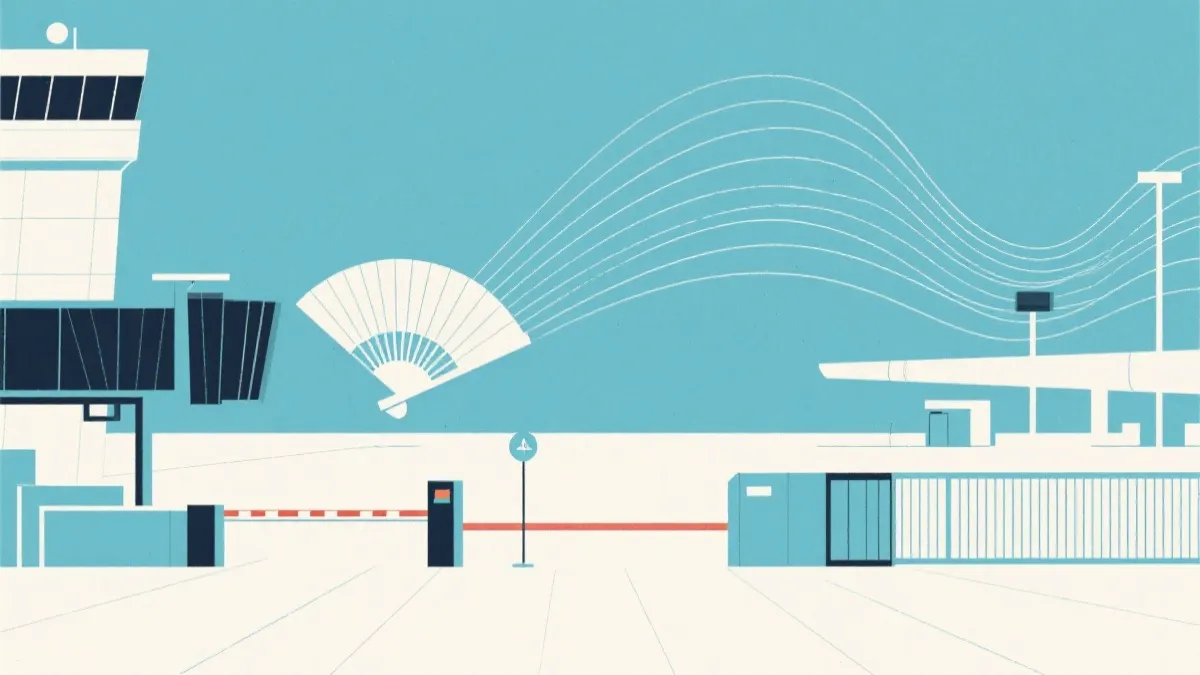 三国边境口岸、机场与球迷流动的抽象插画，体现跨境治理与赛事流量