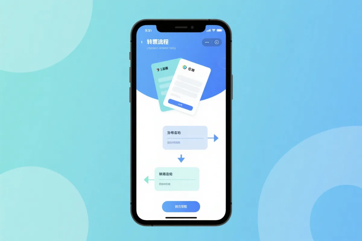 手机上展示官方转售流程界面概念图，旁边有清晰的步骤卡片与安全提示