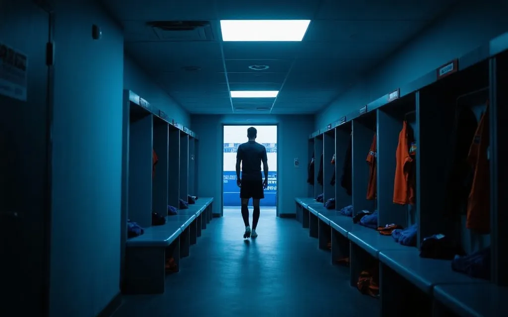 更衣室走廊里孤独的球员背影，赛后灯光冷峻，纪录片摄影风格